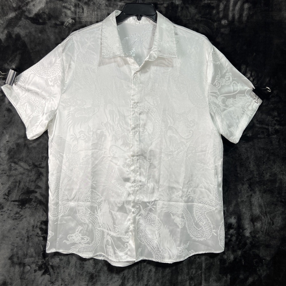 Men's Shirt Button Up Short Sleeves Oriental Dragon Jacquard Silky Satin  XXL